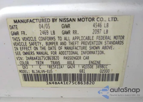 2005 Nissan Maxima 3.5 Sl из США, поврежденный, VIN 1N4BA41E75C863820